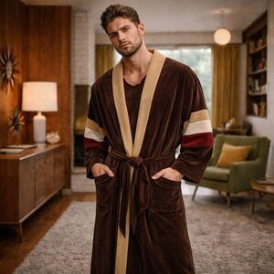 Vintage 70s Men’s (or unisex) Robe Velvet Mod Blokecore Brown Earthy tones OS